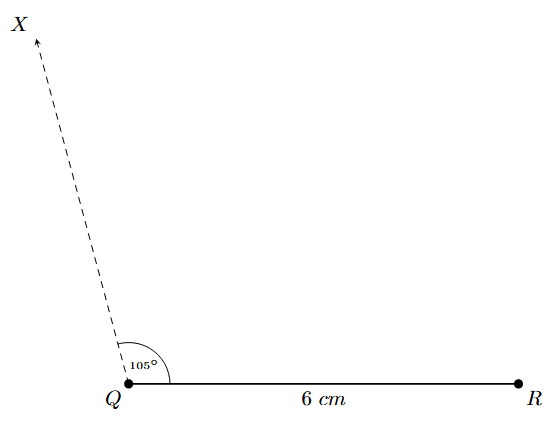 Step 2: A ray QX is drawn at an angle of 105 degrees to QR.